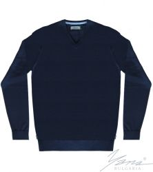 Мъжки пуловер шпиц деколте, дълъг ръкав, тъмно син