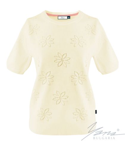 Дамски пуловер бие с къси ръкави екрю