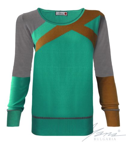 Дамски трицветен интарзионен пуловер "О" деколте зелен