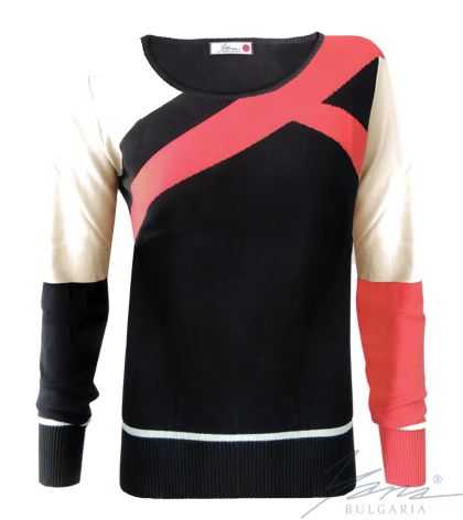 Дамски трицветен интарзионен пуловер "О" деколте черен