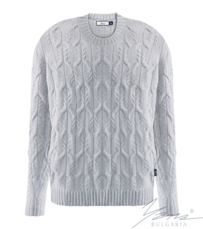Мъжки дебел вълнен пуловер обло деколте светло сив