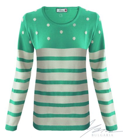 Zweifarbiger, grüner Damenpullover mit Intarsien und „O“-Ausschnitt