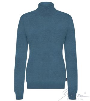 Дамски вълнен пуловер високо поло петрол
