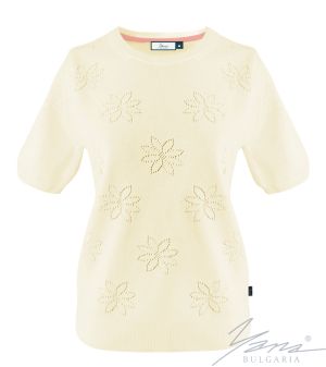 Дамски пуловер бие с къси ръкави екрю