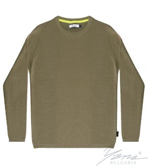 Мъжки пуловер обло деколте, дълъг ръкав, цвят каки