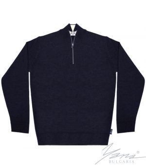 Men's thick wool zip up cardigan sweater in dark blue