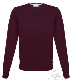 Мъжки тънък вълнен пуловер обло деколте бордо