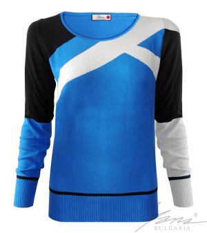 Women's three-color intarsia sweater "O" neckline blue