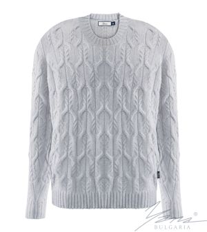 Мъжки дебел вълнен пуловер обло деколте светло сив